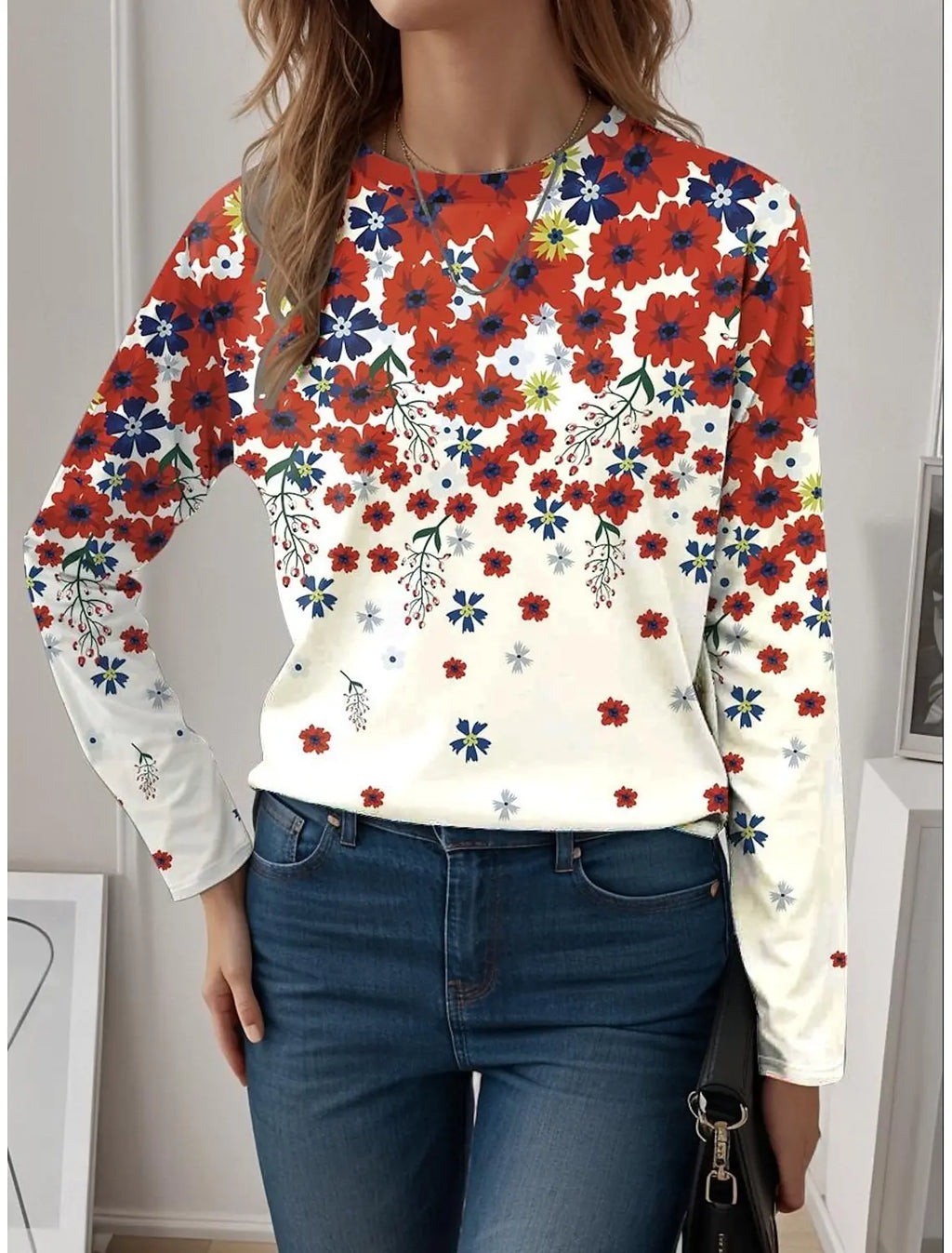 Vintage Flower 3d Print Long SleeveT-Shirt Casual Women's Clothing Long Sleeve T-shirt Fashion Casual Oversized Tops Tees Female