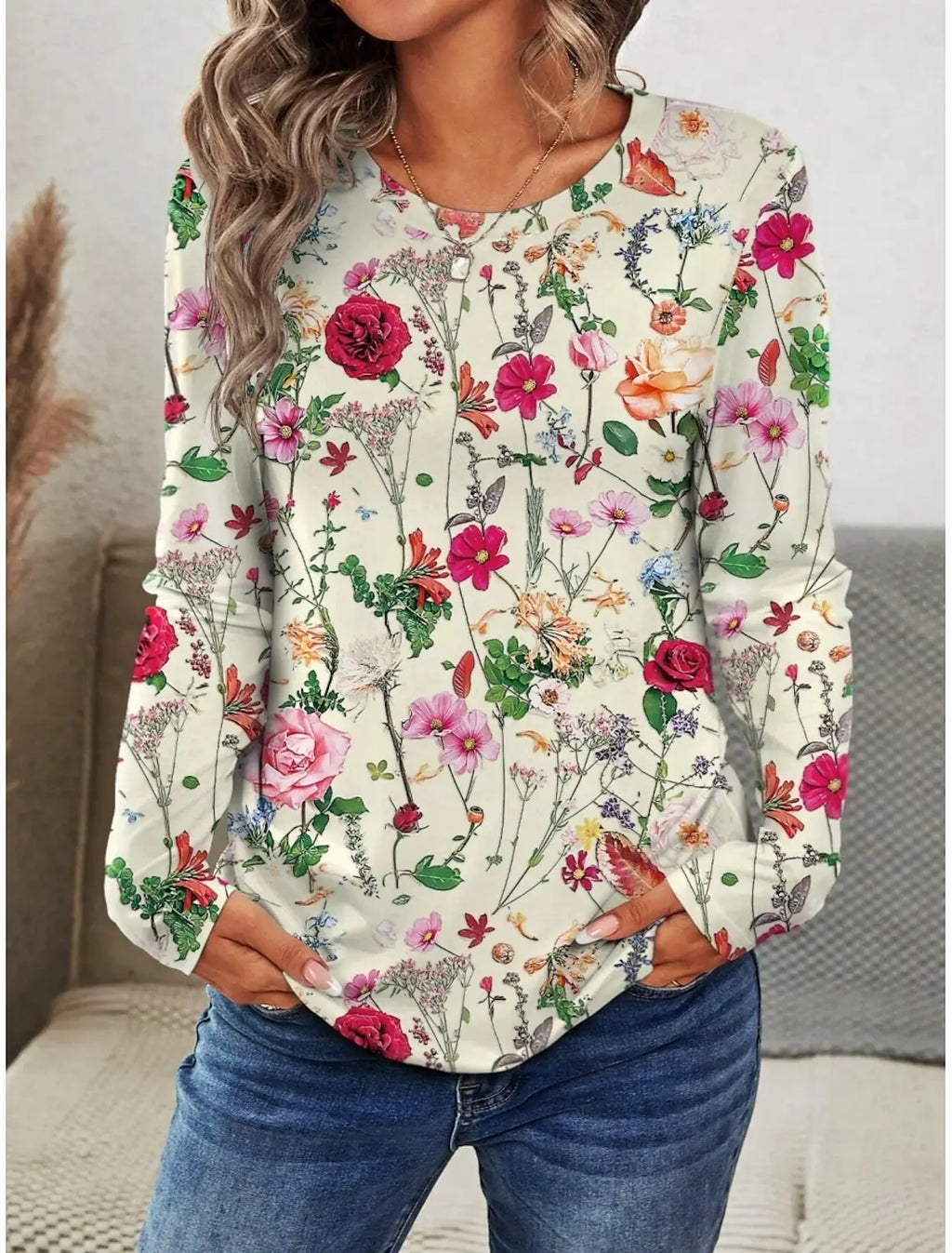 Vintage Flower 3d Print Long SleeveT-Shirt Casual Women's Clothing Long Sleeve T-shirt Fashion Casual Oversized Tops Tees Female