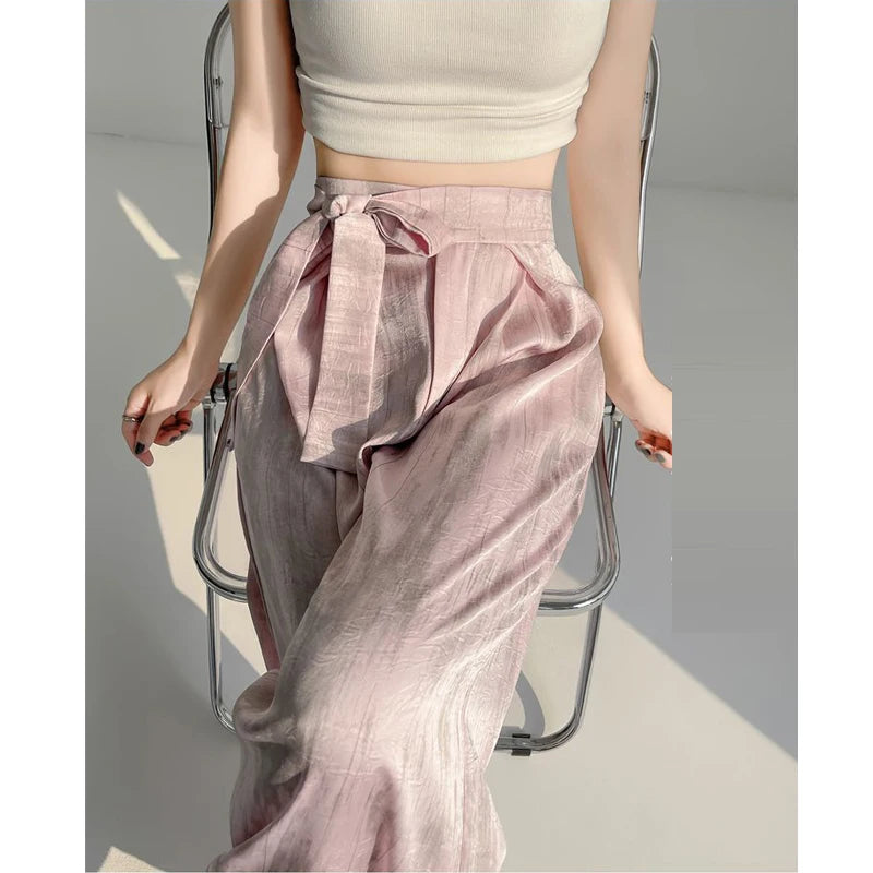 Mulheres cetim vintage borboleta impressão rendas elegante calças de perna larga y2k feminino chique cintura alta solta calças retas pantalones