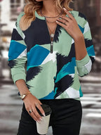 Autumn Color Blocked Printed Women's Long Sleeved T-shirts Geometry Zipper V-neck High Street Woman Tops Loose Casual Clothes