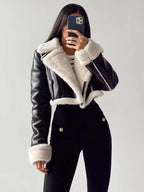 HH Women Faux Leather Thicken Short Jacket Vintage Front Zipper Lapel Long Sleeve Coat Winter Women Warm Casual Outerwear