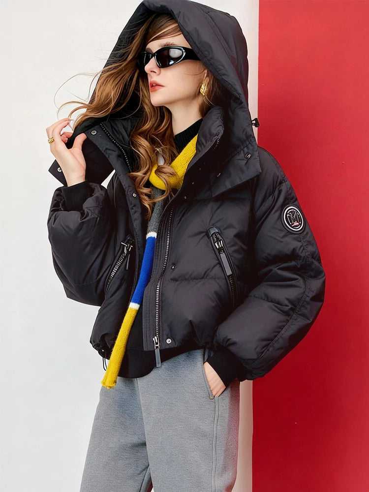 Jaqueta feminina oversized com capuz curto puffer real pato branco para baixo grosso quente casaco de inverno solto ajuste bolsos com zíper jaqueta para baixo