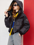 Jaqueta feminina oversized com capuz curto puffer real pato branco para baixo grosso quente casaco de inverno solto ajuste bolsos com zíper jaqueta para baixo