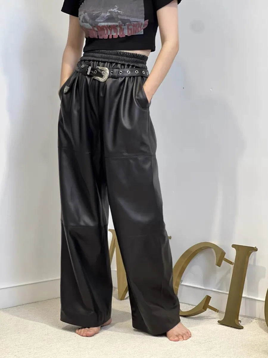 Y2k calças de carga femininas cintura alta calças largas 2025 nova moda coreana perna larga calças de couro genuíno streetwear estilo solto