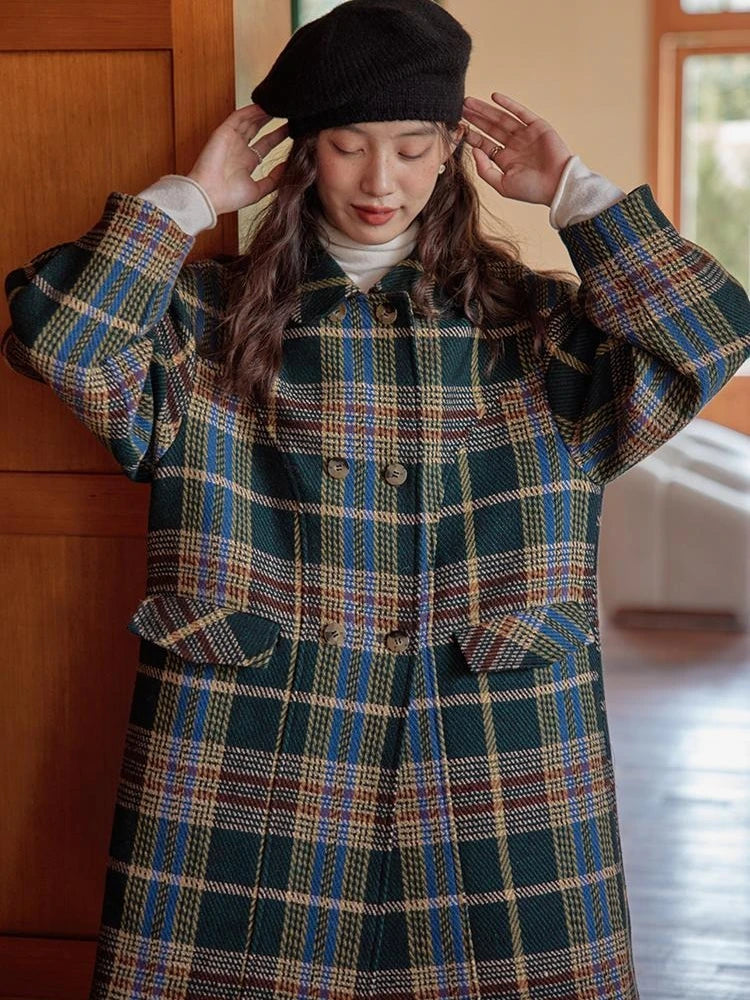 2025 nova chegada francês retro xadrez casaco de lã para mulher comprimento médio longo high end pequena altura casaco