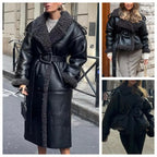 Faux Fur Leather Long Jacket Women Lapel Long Sleeve Belt Thicken Female Coats Winter Fashion Street Patchwork Lady Outwear