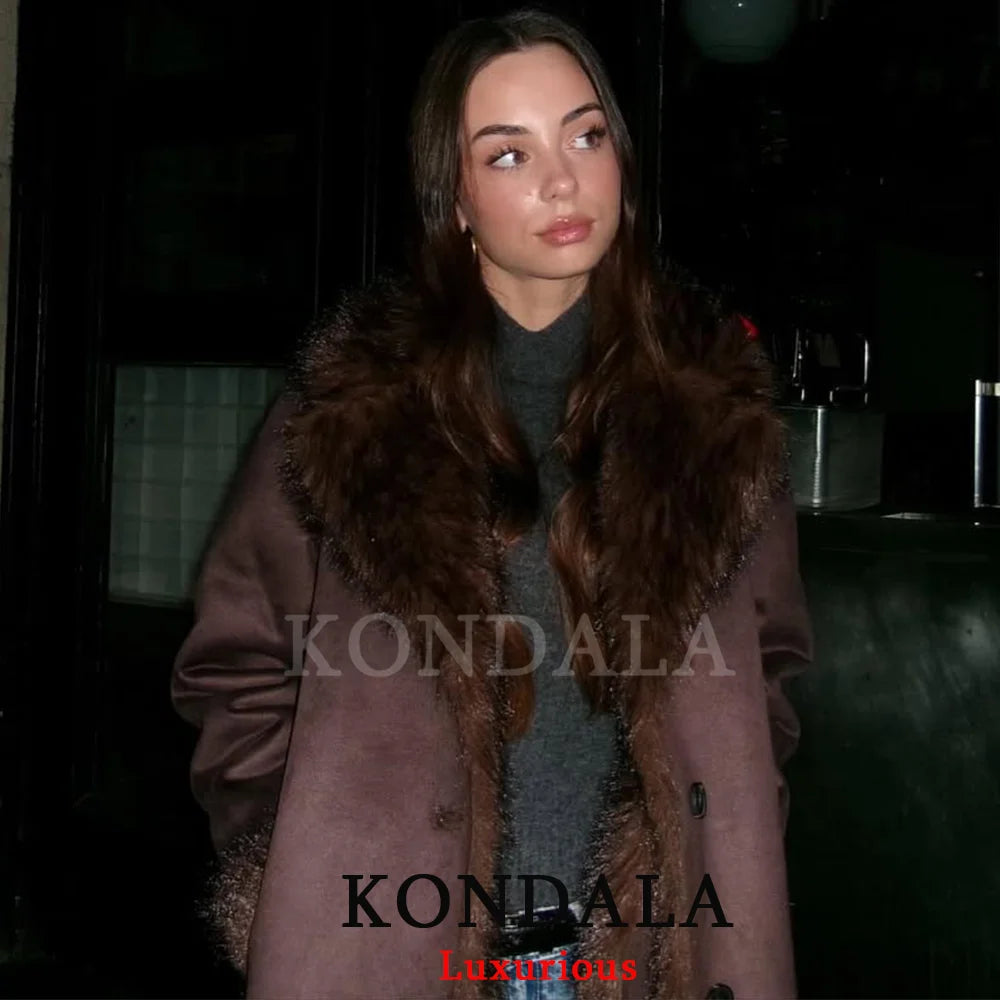 KONDALA Casual Chic Chocolate Brown Leather Fur Coat Women Double Wear Buttons Pockets Jacket Fashion 2025 Autumn Winter Outwear