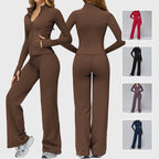 Yoga Sets Women Tracksuit Long Sleeve Zipper Pocket Jacket High Waist Wide Leg Pants Sports Set Gym Running Fitness Suit