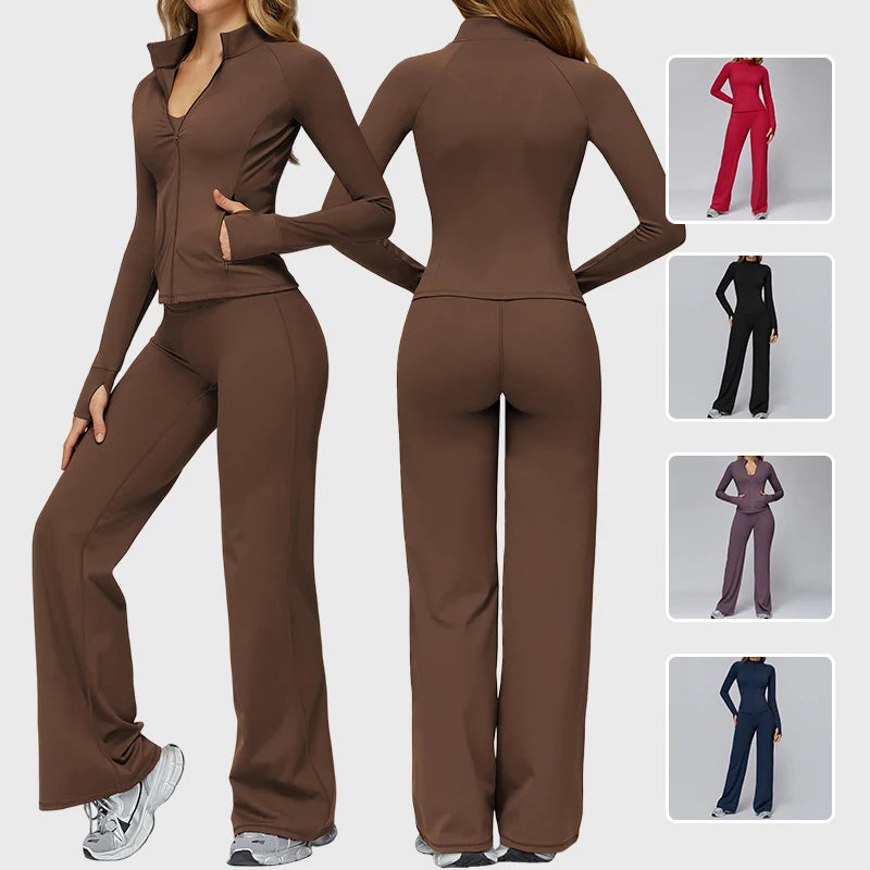 Yoga Sets Women Tracksuit Long Sleeve Zipper Pocket Jacket High Waist Wide Leg Pants Sports Set Gym Running Fitness Suit