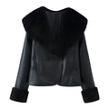 Chic Women's Faux Fur Collar PU Leather Jacket