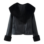 Chic Women's Faux Fur Collar PU Leather Jacket