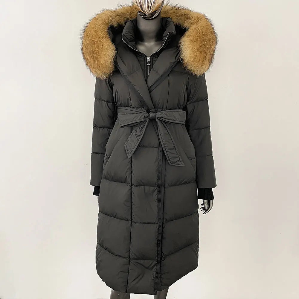 Down Jacket Women Winter Real Natural Fox Fur Hooded Detachable Collar Belt White Goose Down Coat Long Casual Elegant Overwears
