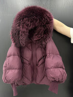 Winter Natural Large Fur Collar Hooded Down Jacket Female Lantern Sleeve Warm Quilted Jacket Women Short White Duck Down Outwear
