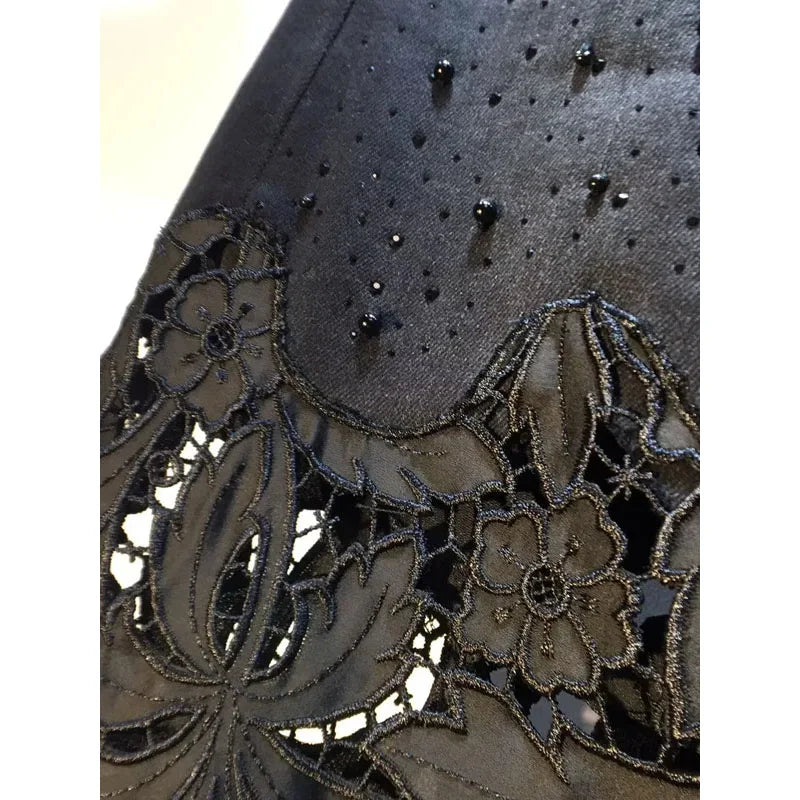 Summer New Heavy Embroidery Rhinestone Denim Patchwork Hook Flower Hollow Lace Straight Leg Wide Leg Pants Casual High Waist ...