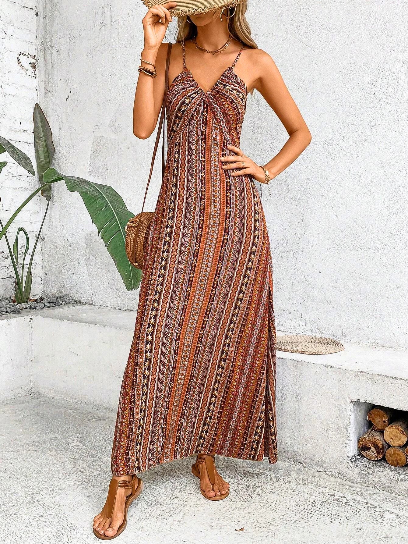 Elegant Ethnic Summer Maxi Dress with Thigh Slit & Ruffles