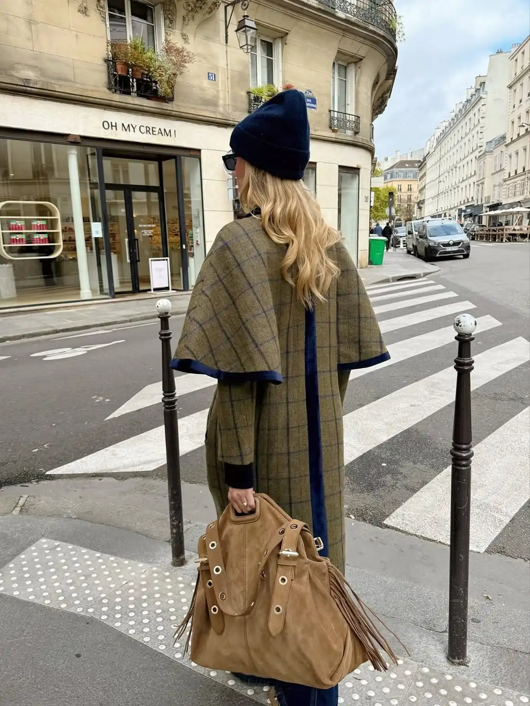 Women Chic Lapel Plaid Woolen Coat Casual Shawl Full Sleeve Double Breasted Loose Long Coat 2026 Lady Daily Commute Outwear New