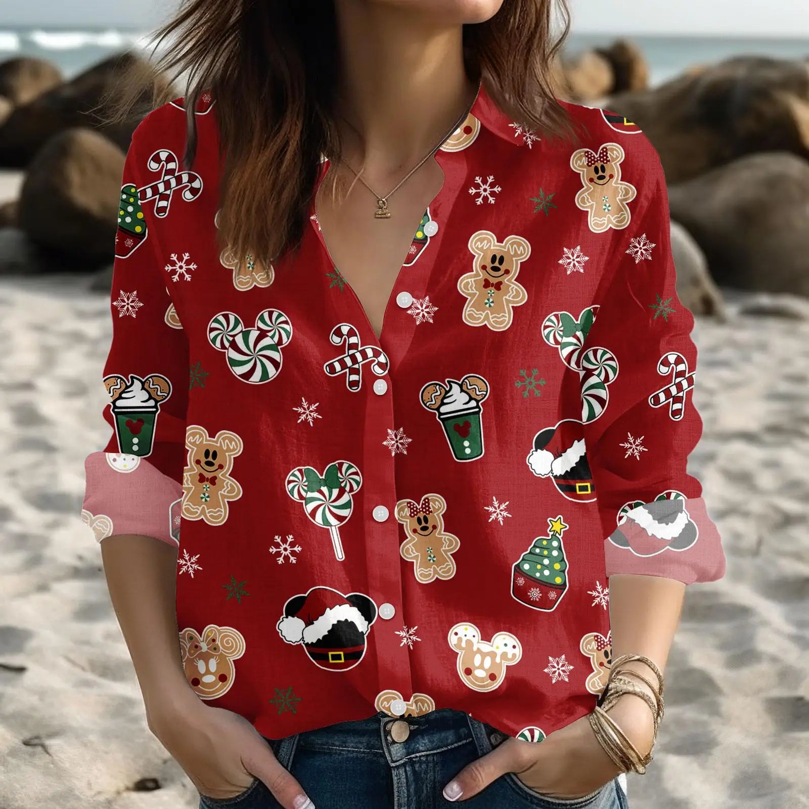 Christmas neon shirt with Christmas bear pattern for women, Christmas lights, Merry Christmas long-sleeved shirt