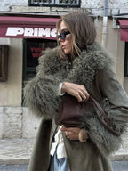 Chic Faux Fur Patchwork Woolen Women's Coat Lapel Full Sleeve Solid Long Coats 2025 Autumn Winter Fashion Female New Outerwears