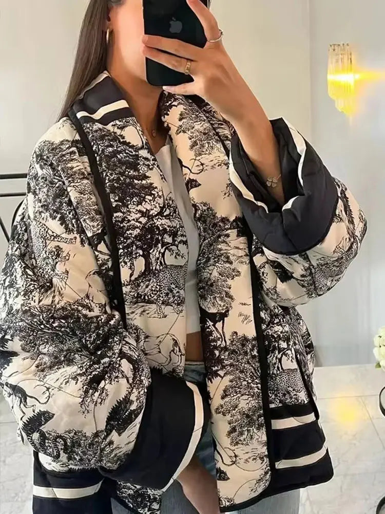 HH Autumn Winter Women Print Quilted Jacket Long Sleeve Cardigan Coat With Pocket Women Elegant Fashion Warm Outwear