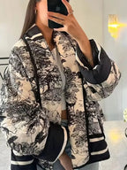 HH Autumn Winter Women Print Quilted Jacket Long Sleeve Cardigan Coat With Pocket Women Elegant Fashion Warm Outwear