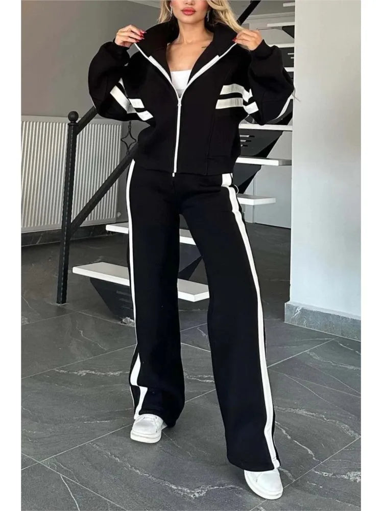 2025 Autumn Winter New Two-piece Set Women's Zipper Striped Loose Jacket Outwear And High Waist Side-striped Pants Sports Sets