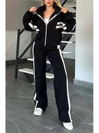 2025 Autumn Winter New Two-piece Set Women's Zipper Striped Loose Jacket Outwear And High Waist Side-striped Pants Sports Sets
