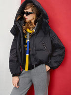 Jaqueta feminina oversized com capuz curto puffer real pato branco para baixo grosso quente casaco de inverno solto ajuste bolsos com zíper jaqueta para baixo