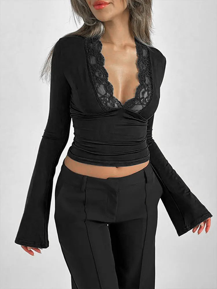 Fashion New T-shirt Women Spring Streetwear Long Sleeves Casual Slim Tees Black Sexy Lace Deep V-neck Elegant Lady Tees Clothing