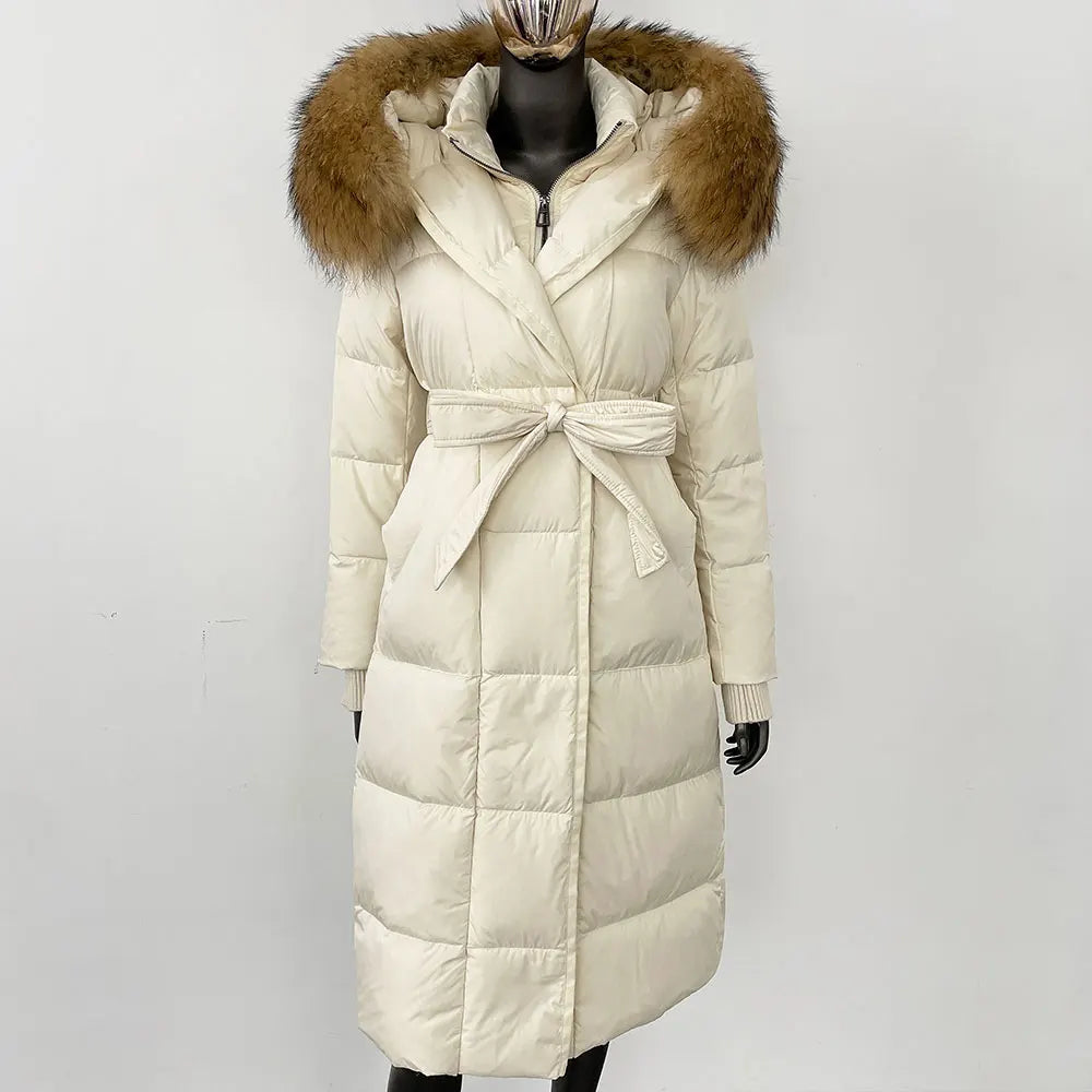 Down Jacket Women Winter Real Natural Fox Fur Hooded Detachable Collar Belt White Goose Down Coat Long Casual Elegant Overwears
