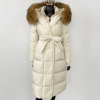 Down Jacket Women Winter Real Natural Fox Fur Hooded Detachable Collar Belt White Goose Down Coat Long Casual Elegant Overwears