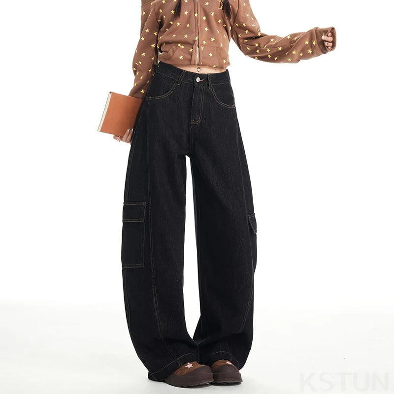 KSTUN 2026 Spring High Waist Women's Wide Leg Black Jeans Americian Vintage Casual Cargo Pants Loose Fit Female Long Trousers