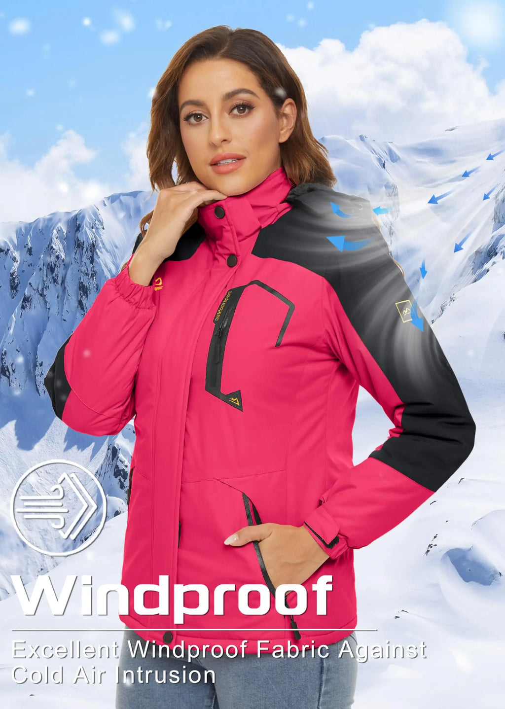 Women's Waterproof Windbreaker Ski Jacket Fleece Lining Warm Winter Snow Coat Multiple pockets Hooded