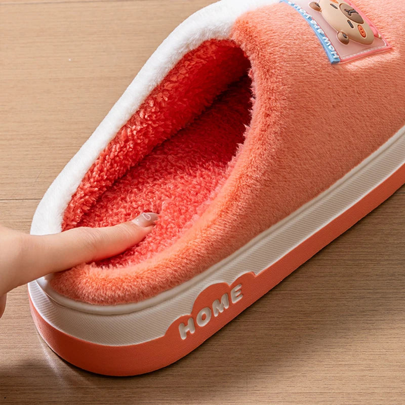 2025 New Cartoon Plush Slippers for Women - Winter Warm Couple House Shoes, Thick Sole Indoor Cotton-Lined Home Slides
