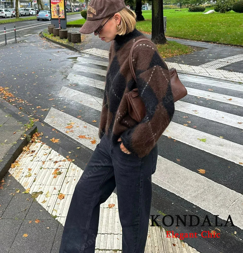 KONDALA Rhombic Knitted Pullover Sweater Women's Fall Winter Vintage Casual Loose Sweater 2025 Fashion Elegant Ladies Sweater