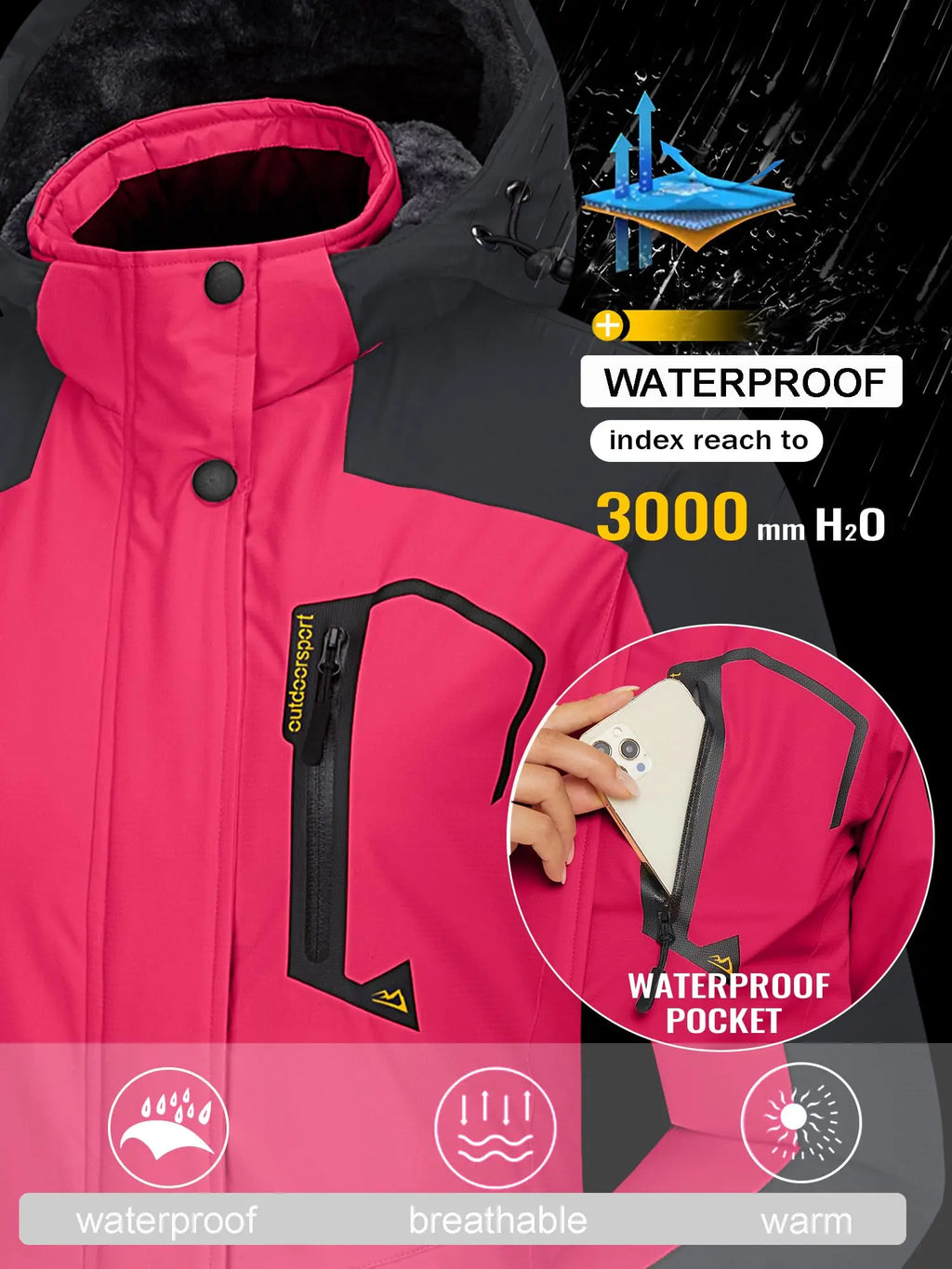 Women's Waterproof Windbreaker Ski Jacket Fleece Lining Warm Winter Snow Coat Multiple pockets Hooded