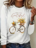 Vintage Choose to Be Grateful Bicycle Graphic T Shirt Women's Casual Long Sleeve T-Shirt Crew Neck Top Tee Tshirt