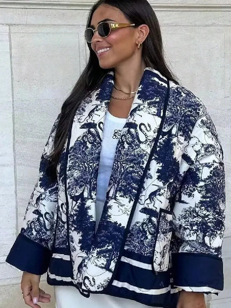 HH Autumn Winter Women Print Quilted Jacket Long Sleeve Cardigan Coat With Pocket Women Elegant Fashion Warm Outwear