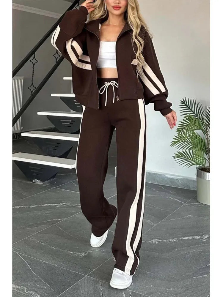 2025 Autumn Winter New Two-piece Set Women's Zipper Striped Loose Jacket Outwear And High Waist Side-striped Pants Sports Sets