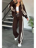 2025 Autumn Winter New Two-piece Set Women's Zipper Striped Loose Jacket Outwear And High Waist Side-striped Pants Sports Sets