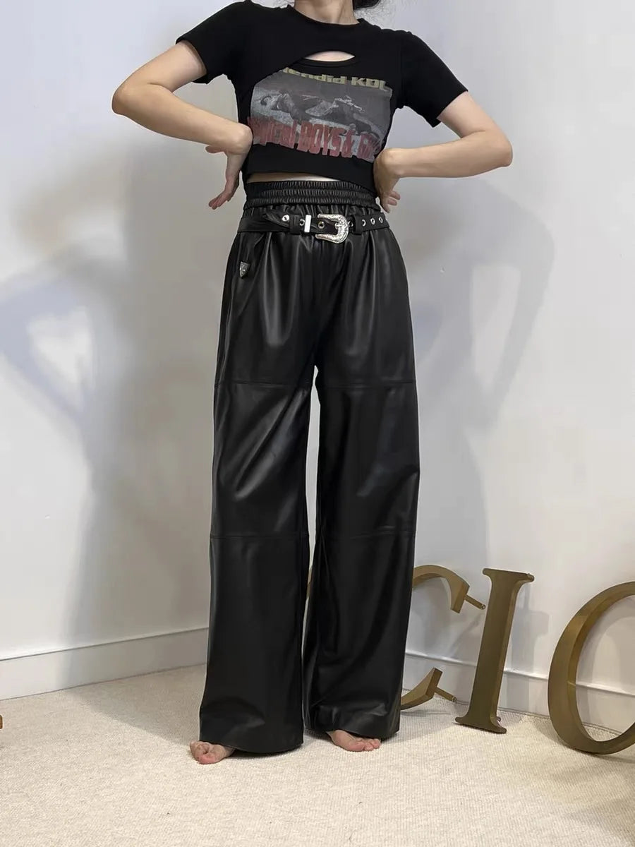 Y2k calças de carga femininas cintura alta calças largas 2025 nova moda coreana perna larga calças de couro genuíno streetwear estilo solto