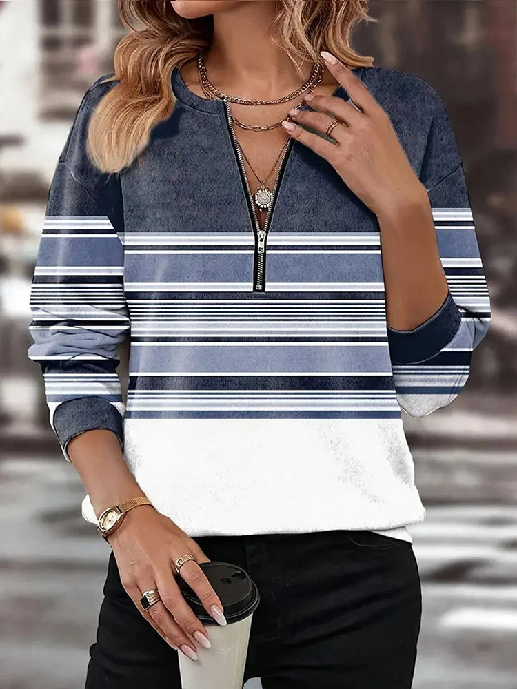Autumn Color Blocked Printed Women's Long Sleeved T-shirts Geometry Zipper V-neck High Street Woman Tops Loose Casual Clothes