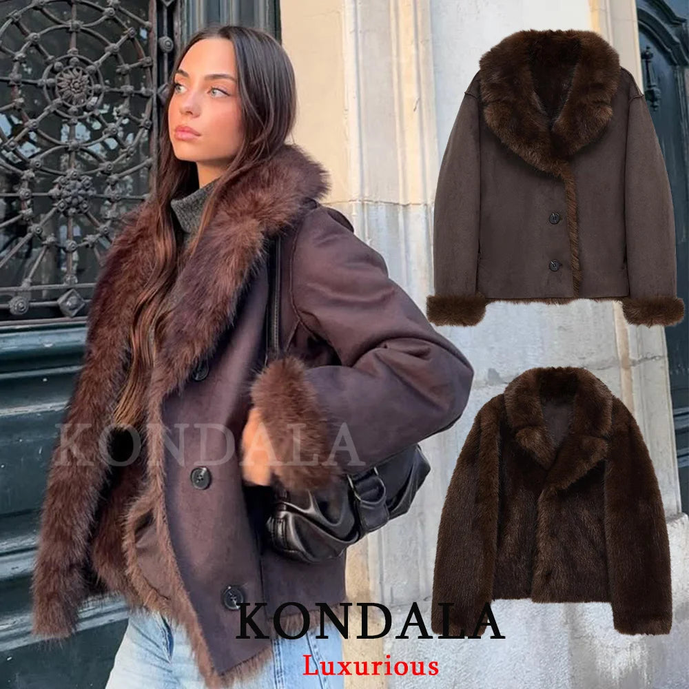 KONDALA Casual Chic Chocolate Brown Leather Fur Coat Women Double Wear Buttons Pockets Jacket Fashion 2025 Autumn Winter Outwear