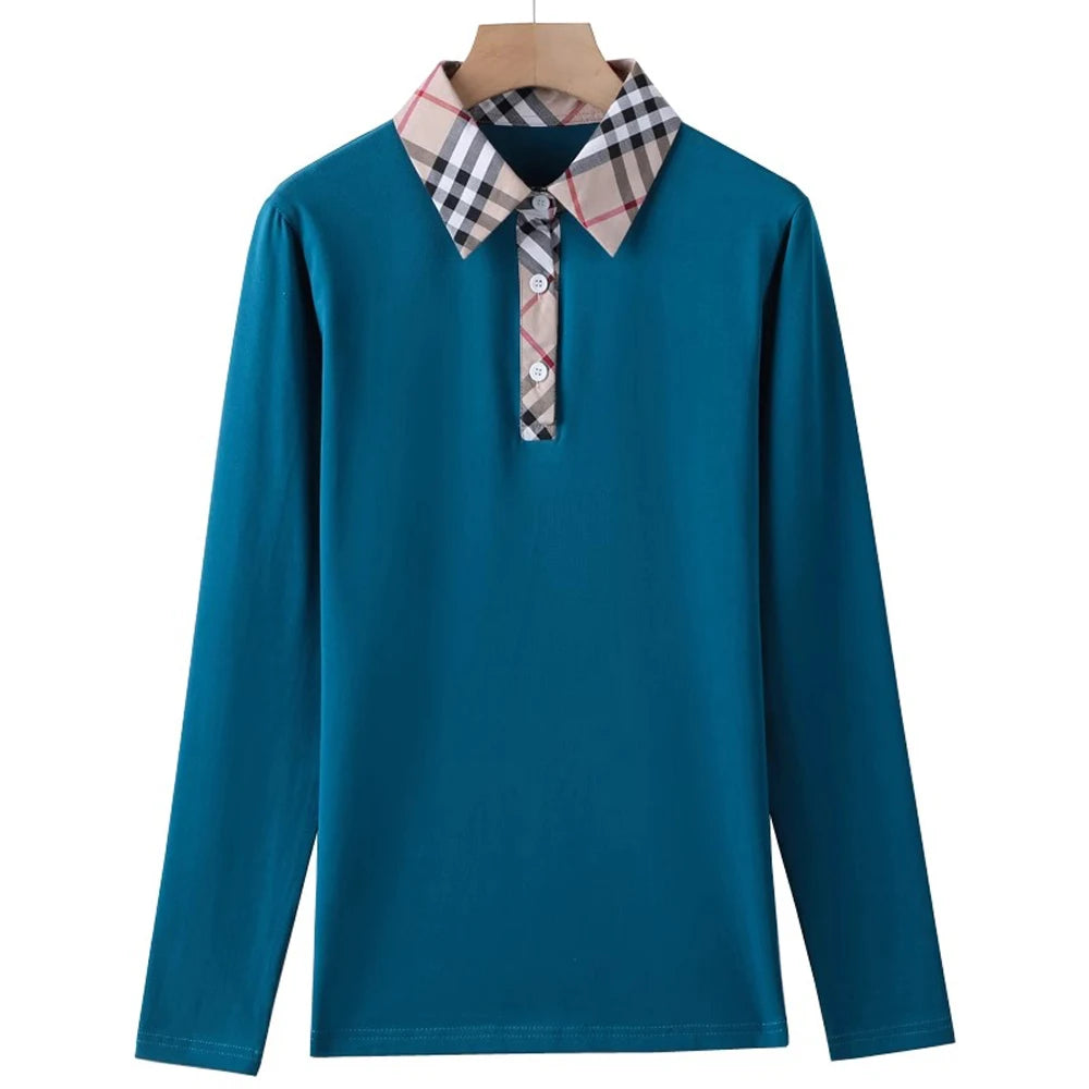 European Station Long sleeved T-shirt Women's Spring/Summer New High end Fashion British Polo Collar Plaid Casual Large Top