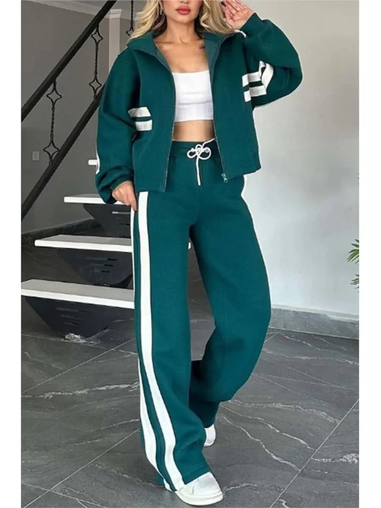 2025 Autumn Winter New Two-piece Set Women's Zipper Striped Loose Jacket Outwear And High Waist Side-striped Pants Sports Sets
