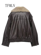 TFMLN 2025 Winter Women Loose Faux Leather Jacket Fashion Removed Big Fur Collar Causal Coat High Street Double Breasted Outwear
