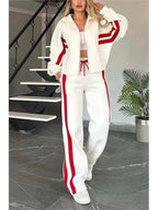 2025 Autumn Winter New Two-piece Set Women's Zipper Striped Loose Jacket Outwear And High Waist Side-striped Pants Sports Sets