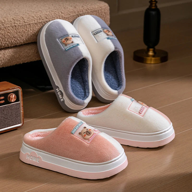 2025 New Cartoon Plush Slippers for Women - Winter Warm Couple House Shoes, Thick Sole Indoor Cotton-Lined Home Slides