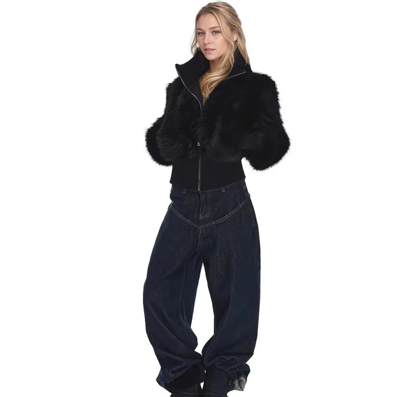 Gola alta e ombro frontal imitação de pele de raposa casaco para outono e inverno feminino 2025 novo zíper casaco de pele curto de alta qualidade