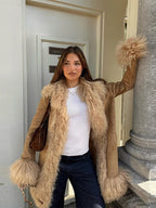 Chic Faux Fur Patchwork Woolen Women's Coat Lapel Full Sleeve Solid Long Coats 2025 Autumn Winter Fashion Female New Outerwears