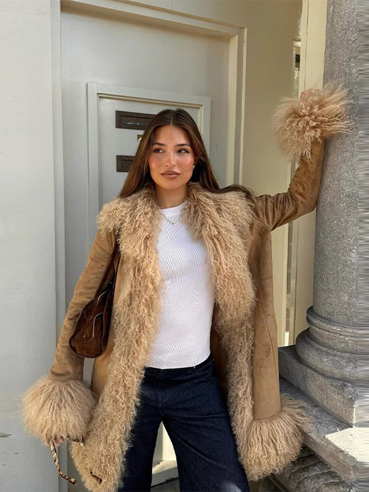 Chic Faux Fur Patchwork Woolen Women's Coat Lapel Full Sleeve Solid Long Coats 2025 Autumn Winter Fashion Female New Outerwears